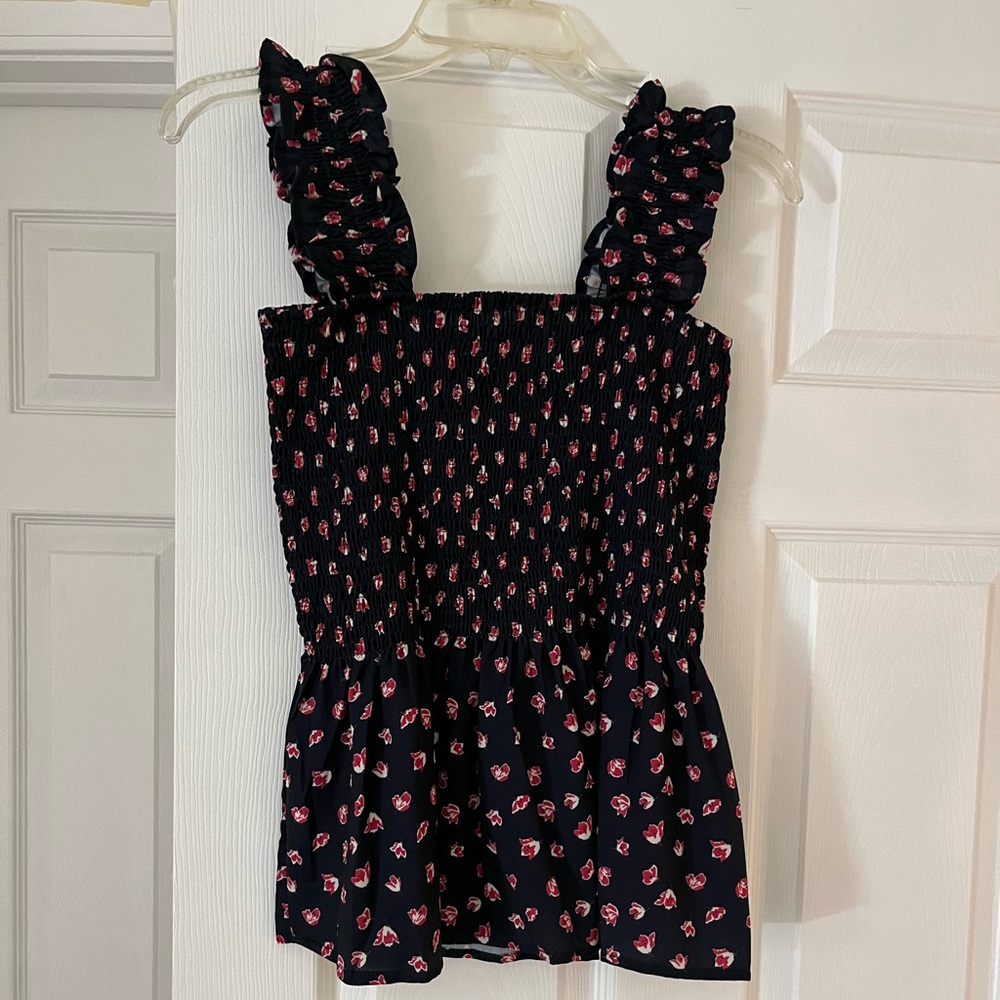 Floral Smocked Navy Blue Top